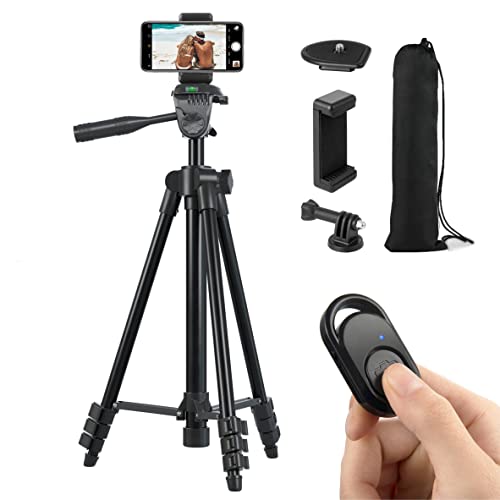 Hitchy Tripode Movil, Tripode iPhone 51 Pulgada 130cm Ligero Smartphone Tripode para iPhone/Samsung/Huawei Celular, Camara y Gopro con Mando Bluetooth Android, Soporte Móvil y Soporte Gopro (Negro)