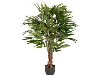 hjh OFFICE 871001 Planta artificial MANGO Árbol con Troncos Naturales, Planta Grande de Interior en Maceta, Altura 130 cm, Plastico, 588 Hojas