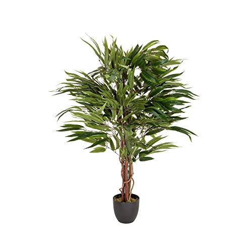 hjh OFFICE 871001 Planta artificial MANGO Árbol con Troncos Naturales, Planta Grande de Interior en Maceta, Altura 130 cm, Plastico, 588 Hojas