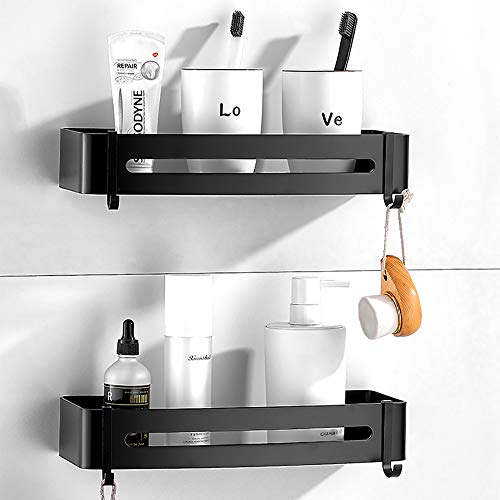 Hodeed 2Piezas Pegamento Sin Necesidad de Taladrar Estante Ducha Negra, Estantes de Baño de Aluminio Espacial Perforado Entramado de Baño Muebles de Baño (Estantería)