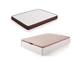 HOGAR24 ES Cama Completa - Colchón Viscobrown Reversible + Canape Abatible de Madera Color Blanco, 135x190 cm