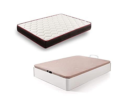 HOGAR24 ES Conjunto Canapé Abatible de Madera Color Blanco + Colchón Viscoelástico Memory Fresh 3D, 135x200cm