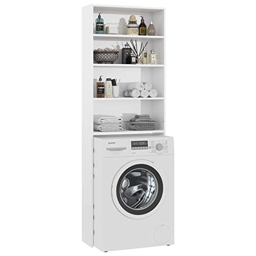 Hogotin Armario Alto de Lavadora 64x24x190 cm Estante con 4 Compartimentos Abiertos Mueble de Baño Blanco con Brillo sobre Secadora Espacio para WC Auxiliar Lavandería
