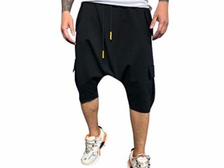 Hombre Pantalones Harem - Pantalones Cortos 3/4 Cómoda Cintura Elástica Pantalones con Cintura Moda Color Sólido Sueltas Casuales Yoga Hippies Pantalon Bombachos Yvelands(Negro,XXL)