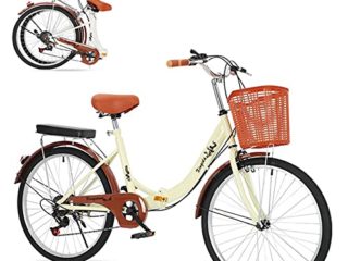 Hombres Bicicletas urbanas para Damas,Bicicletas de Carretera Plegables,Bicicletas Ligeras Retro,Cambio de 6 Marchas,Sistema de Plegado rápido,luz Trasera+Cesta+Timbre,Color:Beige/del almacén alemán