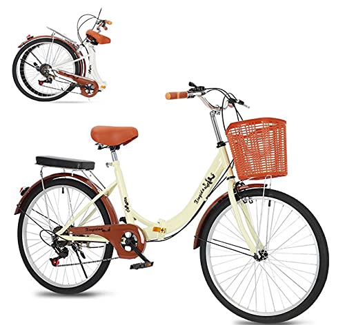 Hombres Bicicletas urbanas para Damas,Bicicletas de Carretera Plegables,Bicicletas Ligeras Retro,Cambio de 6 Marchas,Sistema de Plegado rápido,luz Trasera+Cesta+Timbre,Color:Beige/del almacén alemán