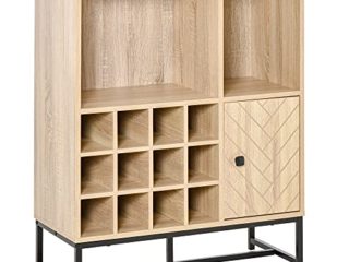 HOMCOM Aparador de Cocina Armario con 1 Puerta 2 Estantes Abiertos Botellero para 12 Botellas y Soporte de 6 Copas de Vino Comedor Bar Restaurante 76x35x97 cm Madera Natural