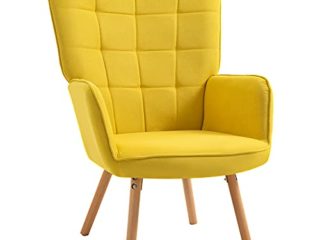HOMCOM Butaca de Salón Moderna Sillón con Respaldo Alto Reposabrazos Tela de Lino y Patas de Madera de Haya para Comedor Cocina 71x76x101 cm Amarillo