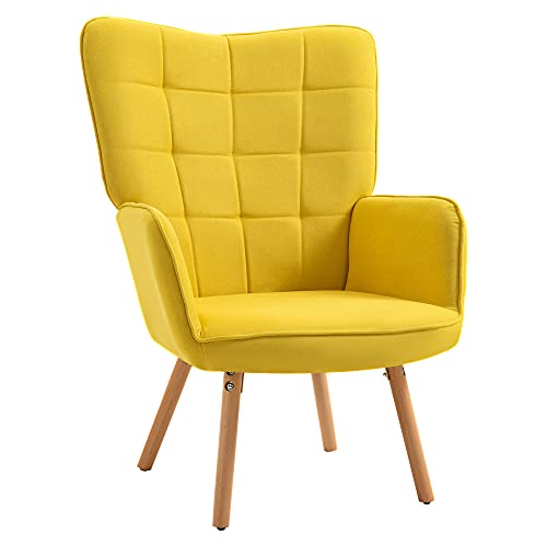 HOMCOM Butaca de Salón Moderna Sillón con Respaldo Alto Reposabrazos Tela de Lino y Patas de Madera de Haya para Comedor Cocina 71x76x101 cm Amarillo
