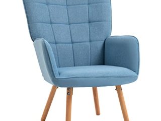 HOMCOM Butaca de Salón Moderna Sillón con Respaldo Alto Reposabrazos Tela de Lino y Patas de Madera de Haya para Comedor Cocina 71x76x101 cm Azul
