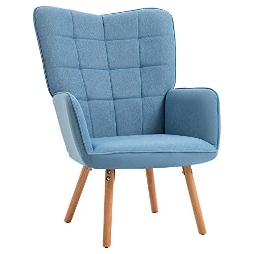 HOMCOM Butaca de Salón Moderna Sillón con Respaldo Alto Reposabrazos Tela de Lino y Patas de Madera de Haya para Comedor Cocina 71x76x101 cm Azul