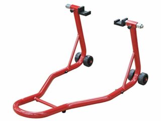 HOMCOM Caballete de Moto Soporte Posterior Universal Portátil y Móvil Tipo Elevador con 2 Horquillas y Ruedas 80x50x40cm Color Rojo y Material de Acero