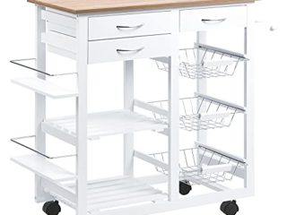 HOMCOM Carrito de Cocina Carro de Servicio Multifuncional con Cajones Cestas Estantes para Especias Toallero Ruedas 92x37x82 cm Blanco
