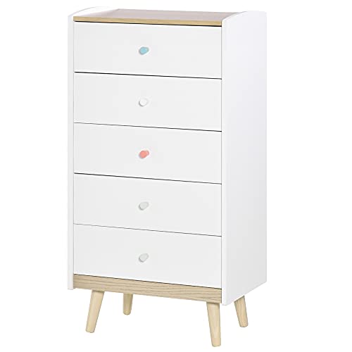 HOMCOM Cómoda Infantil de Madera Cajonera con 5 Cajones para Niños Almacenaje Libros Ropa Juguetes para Dormitorio Habitación de los Niños Sala de Juegos 55x36x108 cm Blanco
