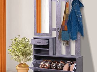 HOMCOM Conjunto de Muebles de Entrada Recibidor Pasillo Set de 3 Piezas Perchero Espejo Zapatero con Cajón 90x22x116cm Madera Gris