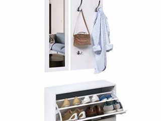 HOMCOM Conjunto de Muebles de Entrada Recibidor Pasillo Set de 3 Piezas Zapatero Espejo Perchero con 4 Ganchos para Colgar Ropa 80x27x46,5cm Blanco