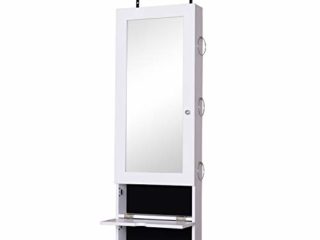HOMCOM Espejo Joyero Colgante de Pared o Puerta Armario de Joyería con Altura Ajustable 2 Estantes Cerrados con Puertas Abatibles y Organizador de Joyas 35,5x9,5x102 cm Blanco