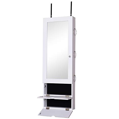 HOMCOM Espejo Joyero Colgante de Pared o Puerta Armario de Joyería con Altura Ajustable 2 Estantes Cerrados con Puertas Abatibles y Organizador de Joyas 35,5x9,5x102 cm Blanco