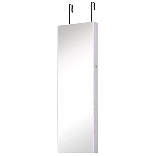 HOMCOM Espejo Joyero Colgante de Pared o Puerta con LED 5 Estantes 2 Cajones Pequeños Espejo Armario Montado con Cerradura 37x120x10cm