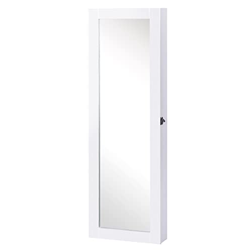 HOMCOM Espejo Joyero de Pared o de Pie Armario para Joyas Guardajoyas 37x9.5x112cm MDF Blanco