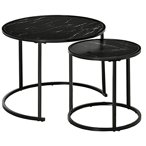 HOMCOM Juego de 2 Mesas Auxiliares Redondas Apilables Mesas de Café Modernas con Encimera en Efecto de Mármol y Marco de Acero Ø60x46 cm y Ø40x40 cm Negro
