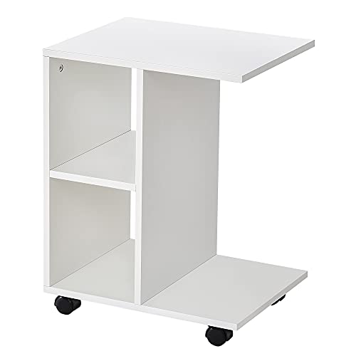 HOMCOM Mesa Auxiliar Multifuncional Mesa Lateral de Sofá en Forma de C con Estantes Abiertos y Ruedas con Bloqueo Diseño Compacto 45x35x58 cm Blanco