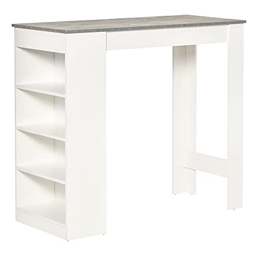 HOMCOM Mesa de Bar Mesa Alta Tipo Bistró de Cocina con Estantería de 4 Niveles Estilo Moderno de Melamina para Comedor Salón 115x50x102,7 cm Blanco y Gris