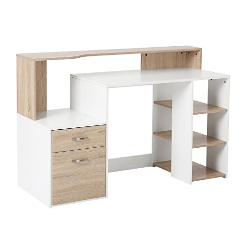 HOMCOM Mesa de Ordenador PC 137x55x92 cm Escritorio con Estantería de 3 Estantes 2 Cajones y Soporte para Impresora para Oficina Estudio Despacho Blanco y Roble