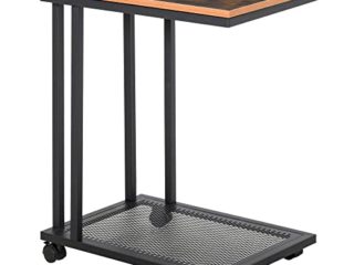 HOMCOM Mesa Lateral Mesa Auxiliar con Ruedas para Sofá Salón Dormitorio Estilo Industrial Retro Mesa Café Ordenador Metal y Madera 51x36x65 cm