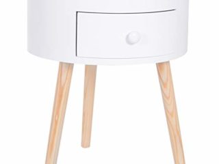 HOMCOM Mesita de Noche con 1 Cajón Mesa Auxiliar Redonda con Borde Elevado y 3 Patas de Madera para Dormitorio Sala de Estar Estilo de Moderno Ø38x45 cm Blanco