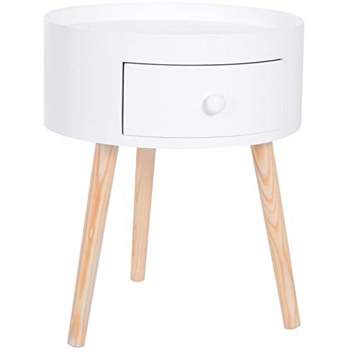 HOMCOM Mesita de Noche con 1 Cajón Mesa Auxiliar Redonda con Borde Elevado y 3 Patas de Madera para Dormitorio Sala de Estar Estilo de Moderno Ø38x45 cm Blanco