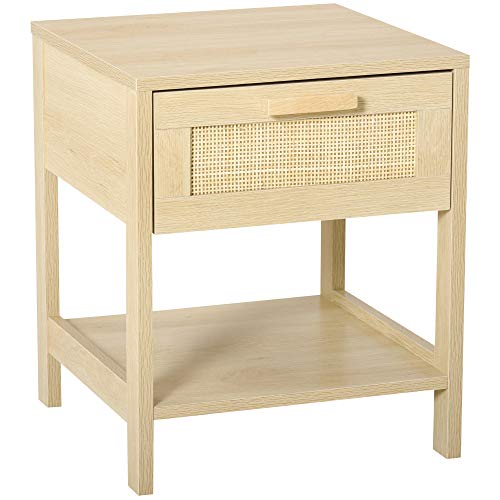 HOMCOM Mesita de Noche Mesa Auxiliar con Cajón de Ratán y Estante Inferior Base Elevada para Dormitorio Sala de Estar 40x40x48 cm Color Madera