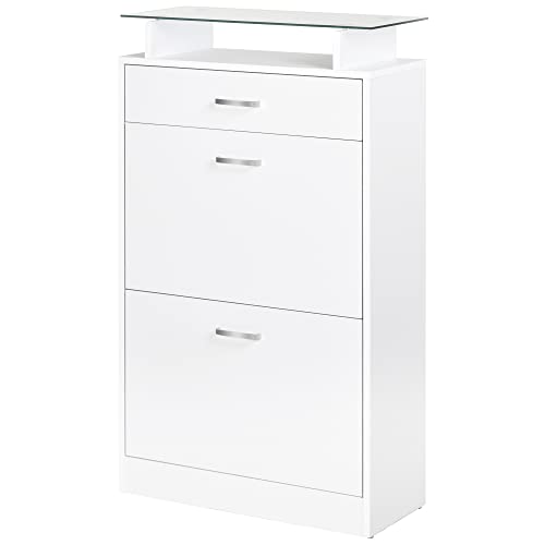 HOMCOM Organizador de Zapatos Multifuncional Zapatero con 3 Cajones Estante de Vidrio Asa de Aluminio para Pasillo Tablero de Partículas Carga 50 kg 60x24x105,5 cm Blanco