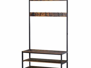 HOMCOM Perchero con Zapatero Perchero con 12 Ganchos Banco de 3 Estantes de Estilo Industrial Estructura Metálica 100x40x184 cm Marrón Rústico y Negro