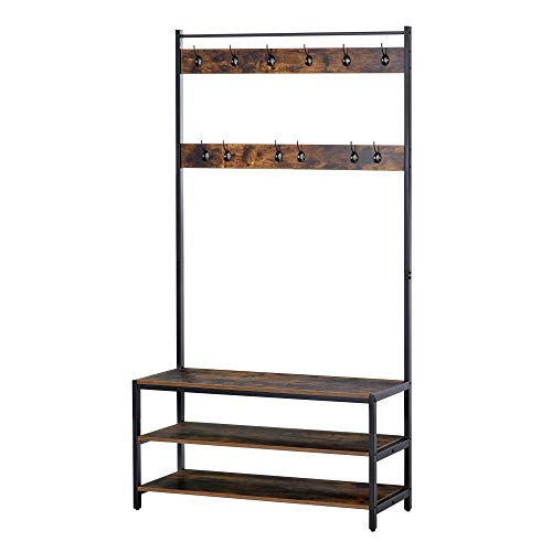 HOMCOM Perchero con Zapatero Perchero con 12 Ganchos Banco de 3 Estantes de Estilo Industrial Estructura Metálica 100x40x184 cm Marrón Rústico y Negro
