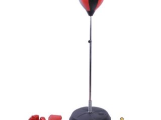HOMCOM Saco de Boxeo de Pie con Altura Ajustable de 4 Niveles en 125-145 cm Punching Ball con Base Rellenable de Agua o Arena y Guantes para Adolescentes Rojo y Negro