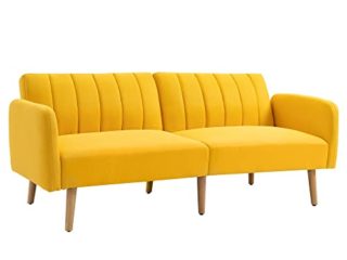 HOMCOM Sofá Cama de 2 Plazas Tela con Respaldo Ajustable en 3 Posiciones Reposabrazos Desmontables y Patas de Madera Sofá Doble Moderno para Salón Oficina 173x75x73 cm Amarillo