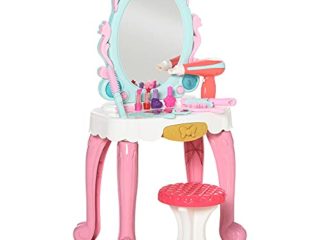 HOMCOM Tocador de Juguete para Niñas de +3 Años con Taburete y Espejo con Luz Música Incluye 20 Piezas Centro de Belleza Infantil 41x27x82 cm Rosa y Blanco