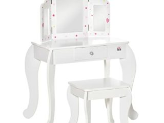 HOMCOM Tocador Infantil de Madera con Taburete y Espejo Acrílico de 3 Sectores Mesa de Maquillaje para Niñas con Cajón para Habitación del Niño 63x40x85,5 cm Rosa