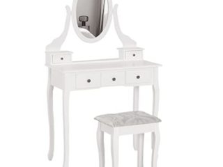 HOMCOM Tocador + Taburete y Espejo Mesa Maquillaje 5 Cajones Blanco Negro Mesa MDF (Blanco)