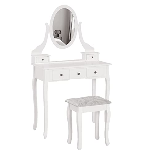 HOMCOM Tocador + Taburete y Espejo Mesa Maquillaje 5 Cajones Blanco Negro Mesa MDF (Blanco)