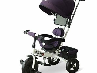 HOMCOM Triciclo para Bebé 4 en 1 Bicicleta para +18 Meses con Capota Manija de Empuje Ajustable Barra Extraíble Reposapiés Plegable Canasta de Almacenaje 92x51x110 cm Morado