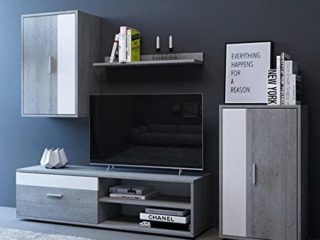 Home Heavenly® - Mueble salón Modular Bosco de 230 cm. Conjunto Completo Mueble TV + 2 vitrinas + Estante (Gris-Blanco)