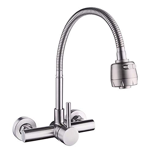 HomeLava Grifo de Cocina Montaje en Pared Grifo Flexible de 2 Funciones Pulverizador Rotación de 360 ° Grifo Cepillado Grifo del Fregadero Acero Inoxidable 304