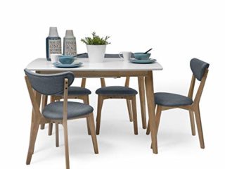 Homely - Conjunto de Comedor de diseño nórdico MELAKA Mesa Extensible de 120/160x80 cm Blanco-Roble y 4 sillas tapizadas - Azul