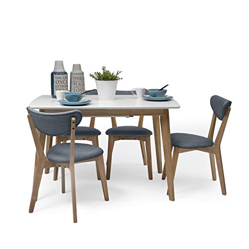 Homely - Conjunto de Comedor de diseño nórdico MELAKA Mesa Extensible de 120/160x80 cm Blanco-Roble y 4 sillas tapizadas - Azul
