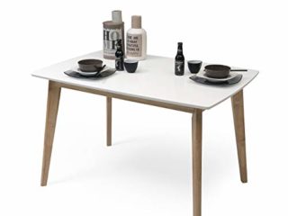 Homely | Mesa de Comedor o Cocina - Melaka | Diseño Nórdico | sobre Extensible | Mesa Comedor, Salón, Cocina | Diseño Moderno | Patas de Madera de Roble | Lacado Blanco| 120/160 cm x 80 cm