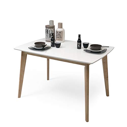 Homely | Mesa de Comedor o Cocina - Melaka | Diseño Nórdico | sobre Extensible | Mesa Comedor, Salón, Cocina | Diseño Moderno | Patas de Madera de Roble | Lacado Blanco| 120/160 cm x 80 cm