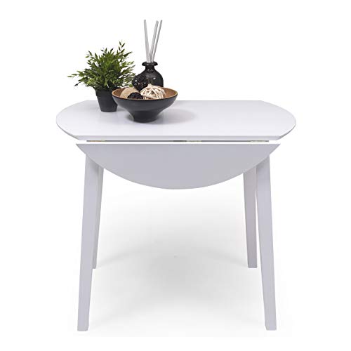 Homely | Mesa de Comedor o Cocina Redonda Extensible - Dallas | Mesa Auxiliar | Diseño Sencillo y Modereno | Tres Tamaños Adaptables | Madera Lacada Color Blanco | 90 cm de Diámetro 17,5/55/17,5 cm