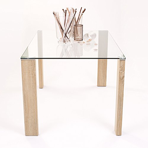Homely | Mesa de Comedor - Rosset | Tapa Cristal Templado | Mesa Salón, Cocina, Oficina | Estilo Moderno | Diseño Sencillo, Actual y Elegante | Patas de Metal Laminadas | Color Madera - 140x90 cm